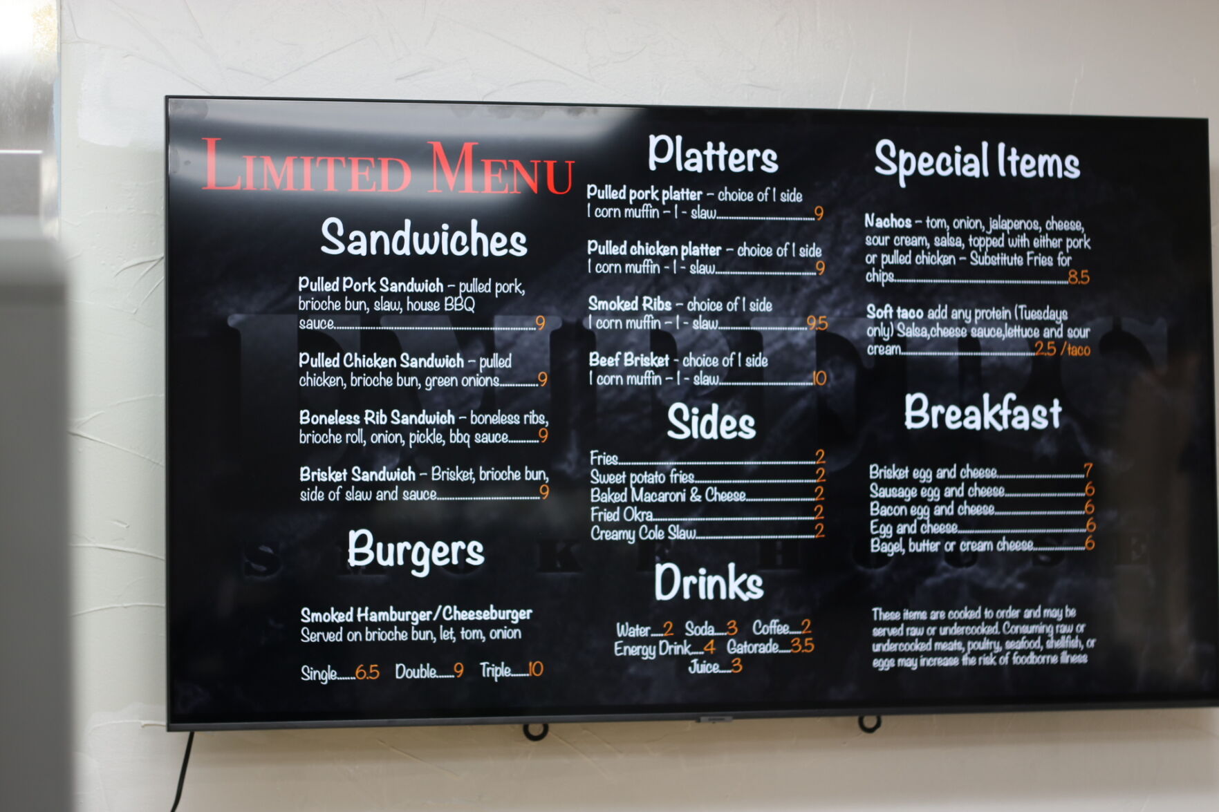 Embers Limited Menu